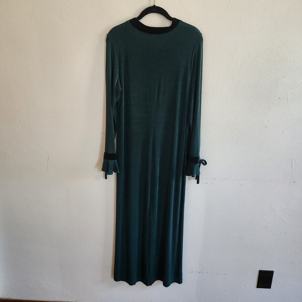 Vintage Long Sleeve Slinky Knit Maxi Dress Dark Green Square Neck Velvet Trim